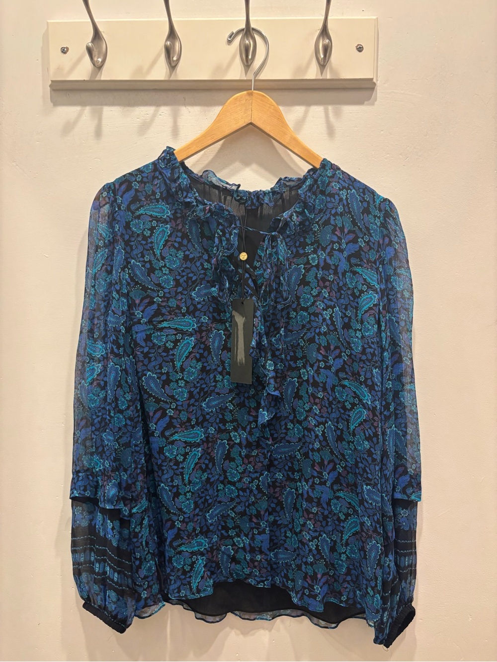 Kobi Halperin Navy Blue Paisley Ruffle Tie-Neck Blouse